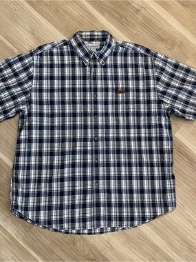 Carhartt Shirt Mens XL Plaid Short Sleeve Button Front Workwear Blue Yellow